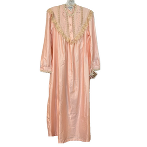 Vintage Womens Grandmacore Silky Crochet 1/4 Button Long Sleeve Nightgown M Pink